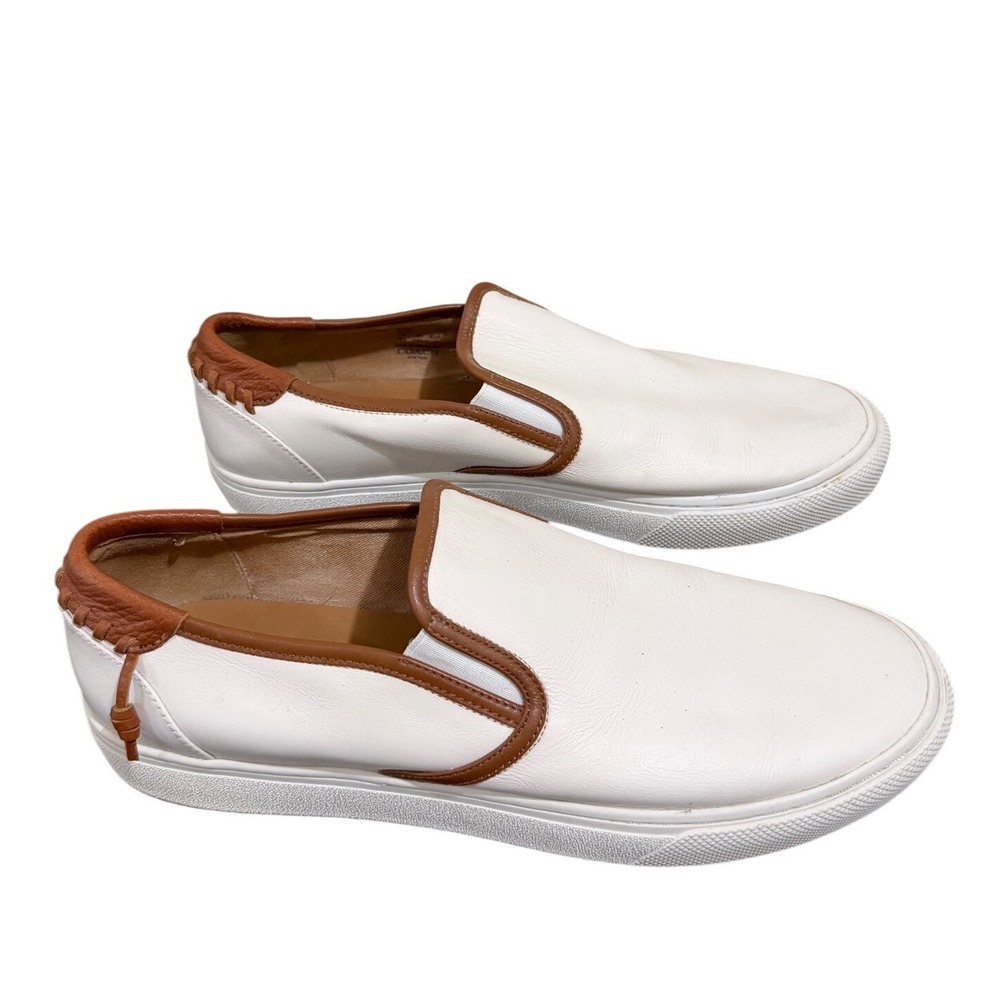Coach Mens Union White Leather Brown Trim Slip On Sneakers Size 10.5 G1440
